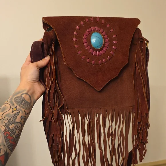 Warm Brown Fringe Leather Bag with Turquoise Accent - Picture 1 of 6
